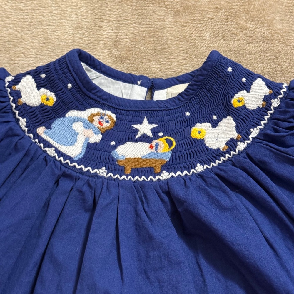 Lil Cactus Baby Girl Smocked Nativity Dress Blue Cotton Christmas 3-6M - Picture 4 of 6
